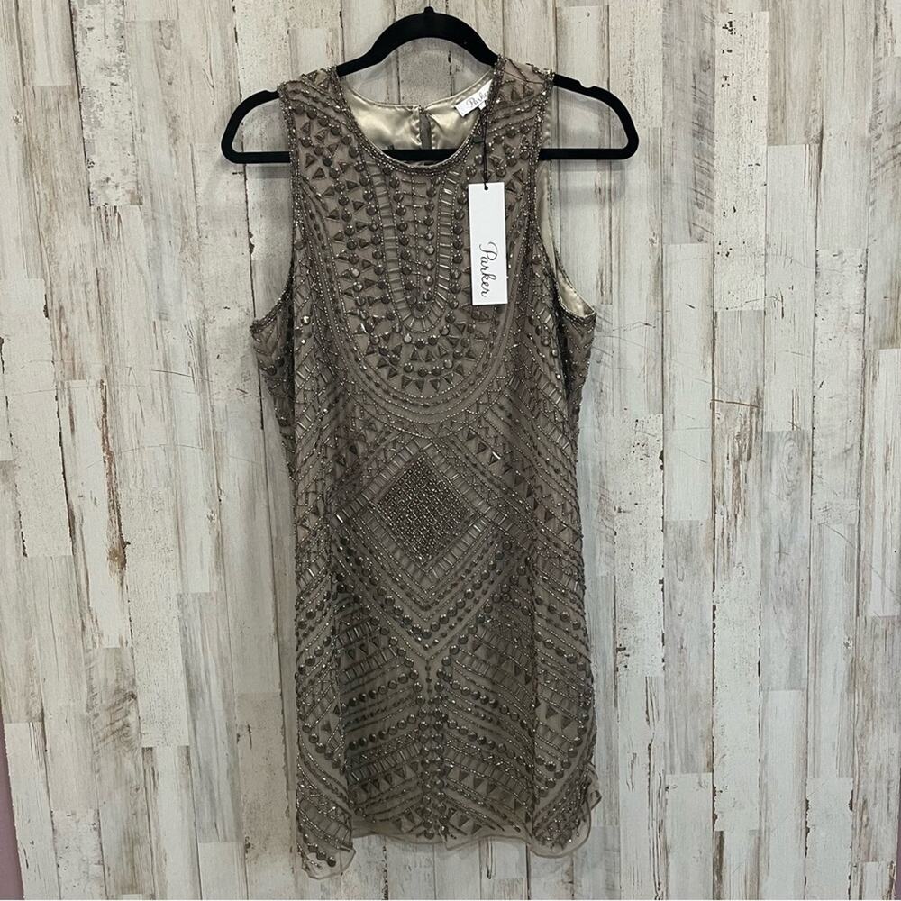 Parker 100% Silk Fully Beaded Allegra Mini Dress Taupe/Gold Size M - Picture 3 of 8